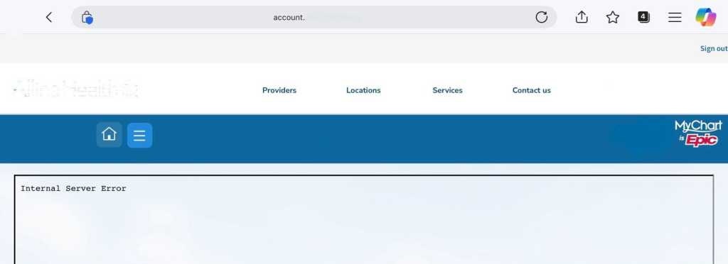 Screenshot of healthcare portal showing internal server error