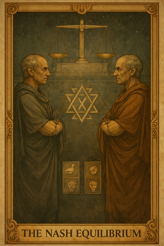 Tarot-style AI illustration of the Nash Equilibrium, an advanced mathematical concept.