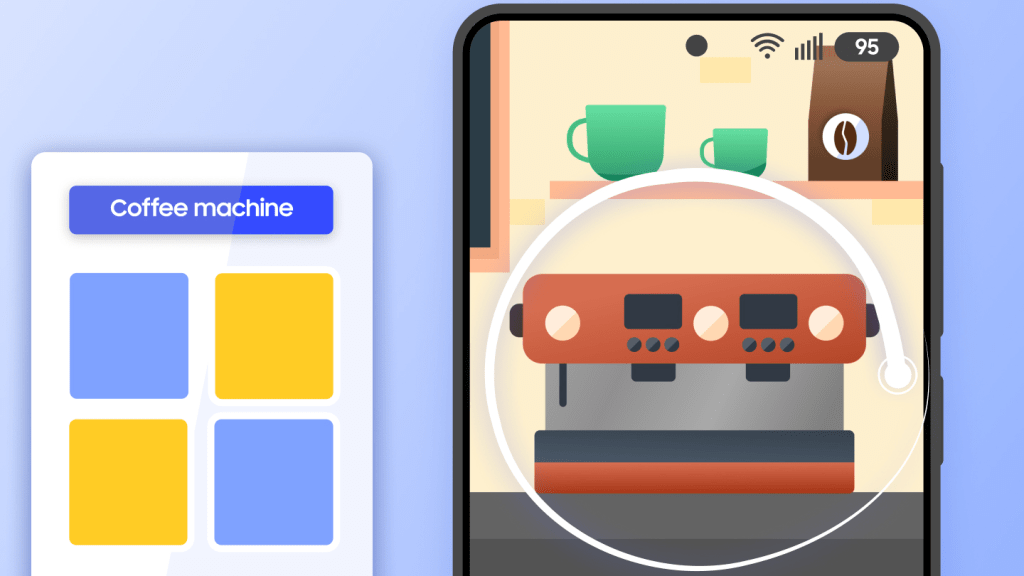 An illustration of a smartphone using the Circle to Search gesture on a coffee machine, with related results displayed on a webpage next to it.