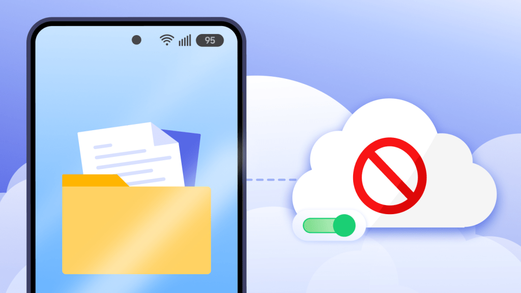 An illustration of a smartphone displaying a folder containing documents, next to a cloud with a prohibition symbol and a toggle set to on.